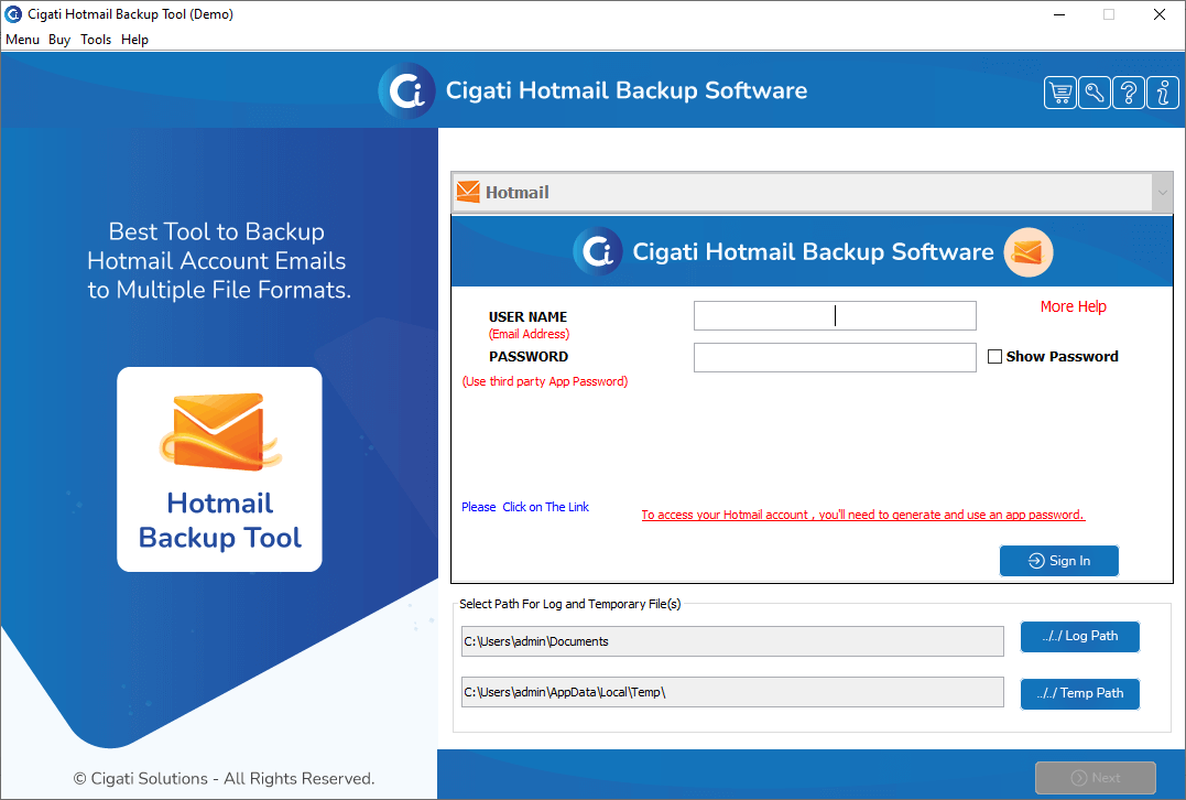 Cigati Hotmail Backup Tool Screenshot