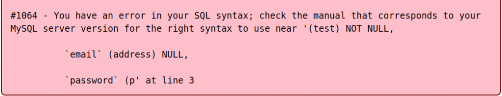 MySQL Syntax Error 1064