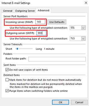 set the Incoming Server (IMAP) to 143 and Outgoing Server (SMTP) to 993.