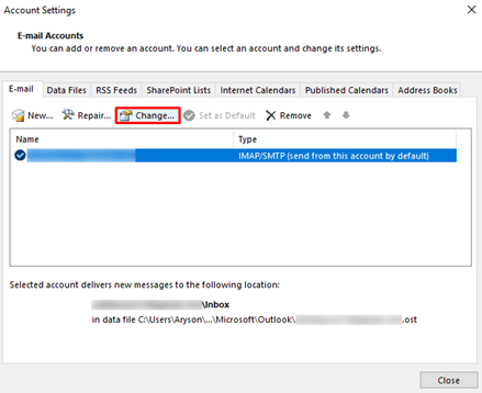 Now, click on the email account and hit the Change button.