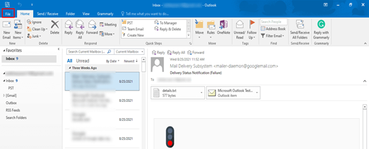 Launch MS Outlook and select the File menu.