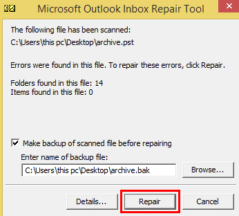click on the Repair button to initiate.