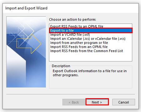 choose the Export to a file option