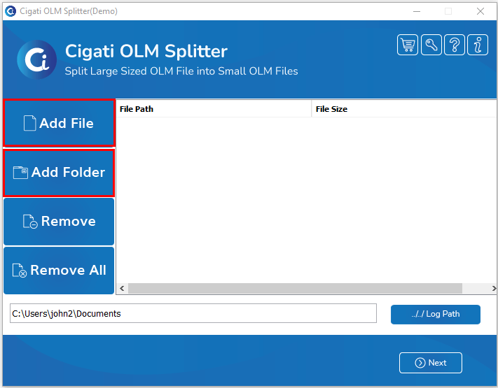 add file/folder to split olm file