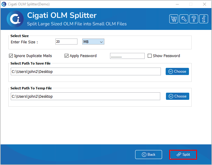 hit split button to divide olm file