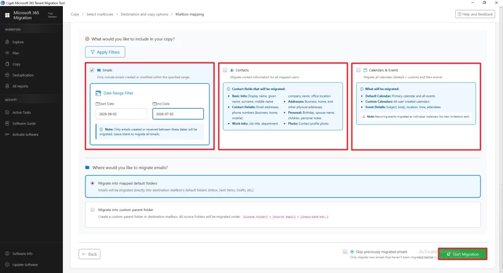 Click on the Start Migration button to proceed