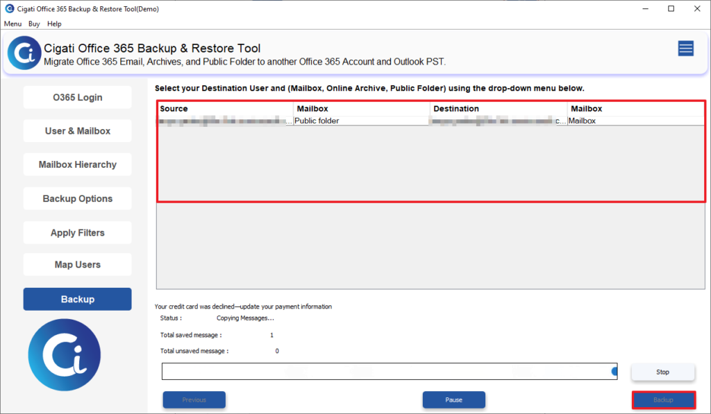 Click on Backup button to migrate